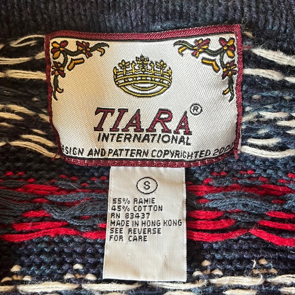 Vtg TIARA Size Small Graphic Knit Ski Winter Zip-Front Cardigan Ramie Cotton - Picture 8 of 12